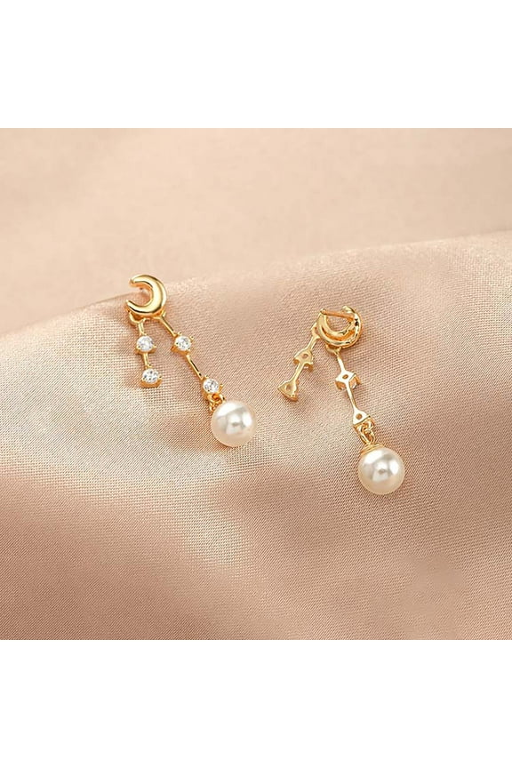 Crescent Moon Earrings with Diamond Stars & Pearl, Pearl Dangle Drop Earrings, Diamond Pearl Earrings, Bridal Earrings, Bridesmaid Gift, Gold or Silver