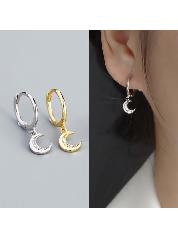 Crescent Moon Earrings, Gold, Silver, Moon Hoop Earrings, Moon Dangle Hoop Earrings, Dainty Moon Earrings, Huggie Earrings, Minimalist Earrings