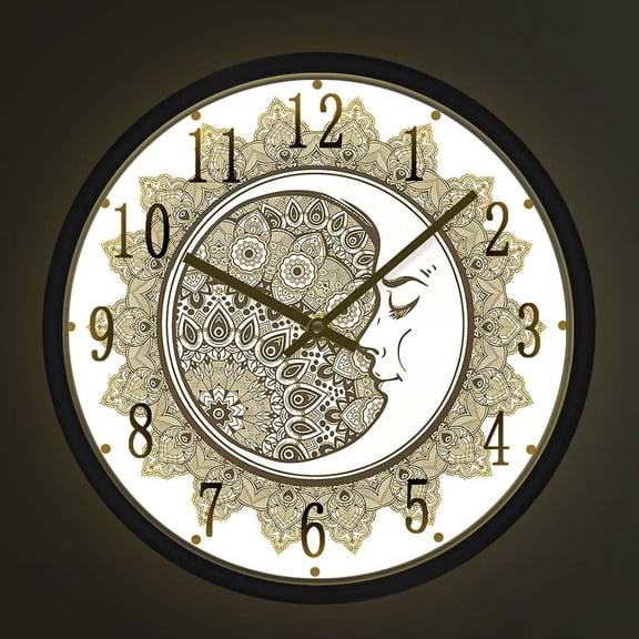 Crescent Moon with Ethnic Folkloric Wall Clock with Voice Control LED Night Light for Living Room Bohemian Metal Frame Artwork Clock Zodiac Mandala Home Decor