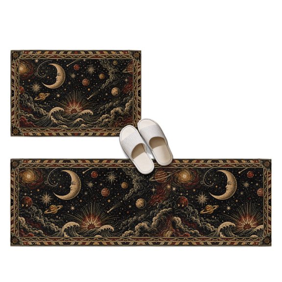 Crescent Moon Face 2 Pieces Non-Slip Kitchen Mat Set, Vintage Gold Mythical Nautical Planet Ocean Soft Door Mat with Rubber Backing, Dirtproof Rugs for Entrance Doorway, 19.7x31.5in+19.7x47.2in