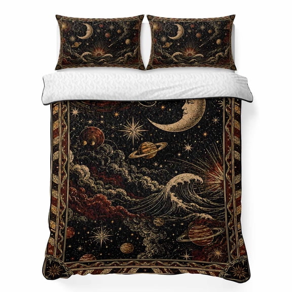 Crescent Moon Face 3 Piece Quilt Bedding Set with 2 Pillow Shams, Vintage Gold Mythical Nautical Planet Ocean Lightweight Bedspread Coverlet, Soft Breathable All Season Quilt, 96 x 106 Inch