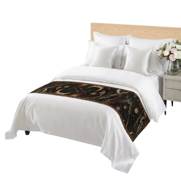 Crescent Moon Face Bed Runner for Bedroom, Vintage Gold Mythical Nautical Planet Ocean Decorative Satin Bed Runners & Scarves for Foot of Twin Beds Bedding Throws for Hotel Guest Room 71" x 20"