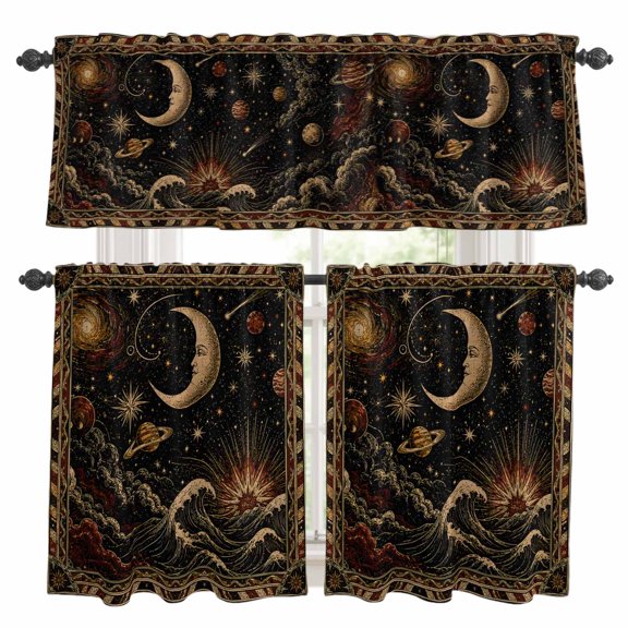 Crescent Moon Face Kitchen Curtains and Valances Set, Vintage Gold Mythical Nautical Planet Ocean 3 Piece Curtains Valances and Tiers Set Rod Pocket for Kitchen Bathroom Windows 36 Inch