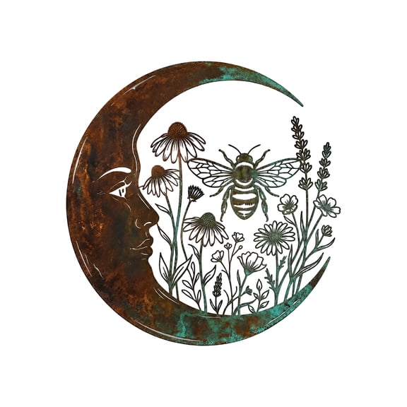 Crescent Moon Face Metal Wall Art, Garden Outdoor Decor, Bee Wildflower Celestial, Botanical Style, Gift for Bee Lovers(9.8in-C)