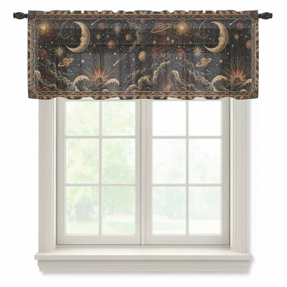 Crescent Moon Face Sheer Curtain 12 Inch Long Vintage Gold Mythical Nautical Planet Ocean Light Filtering Rod Pocket Voile Curtain Valance for Bedroom Kitchen Cafe Window 42" W x 12" L