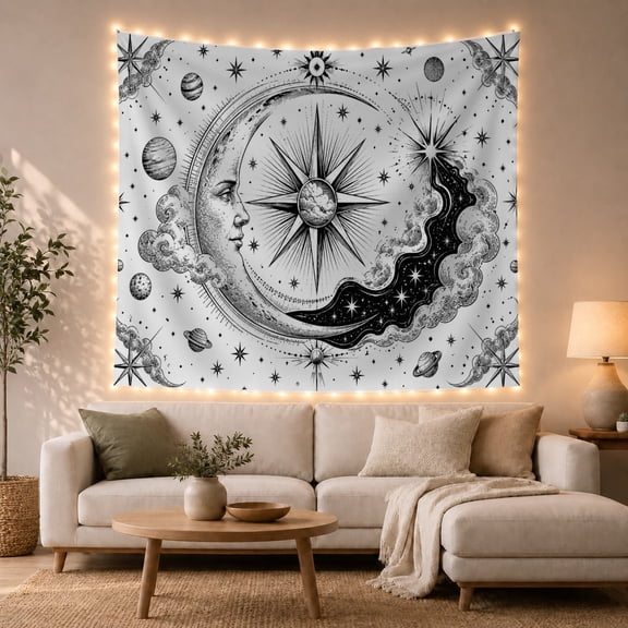 Crescent Moon Face with Stars and Nebula, Mystical Boho for Astronomy Lovers, Celestial Wall Art Decor, Housewarming Gift, Tapestry Wall Hanging for Bedroom and Living Room
