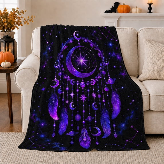 Crescent Moon Feather Dreamcatcher Stars and Planet Art, Soft Flannel Blanket, Home Decor for Women, Bedroom and Lounge, Halloween Gift, Purple Celestial Pattern