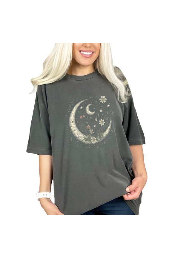Crescent Moon and Floral Design T-Shirt, Celestial Moon and Stars Graphic Tee, Bohemian Flower Moon Phase Shirt, Lunar Nature Tee, Pepper Comfort Colors T-Shirt, XL