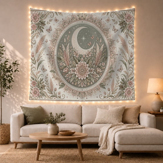 Crescent Moon Floral Medallion with Butterflies, Peaceful Boho Style for Celestial Art Lovers, Botanical Decor Housewarming Gift, Tapestry Wall Hanging for Bedroom and Dorm