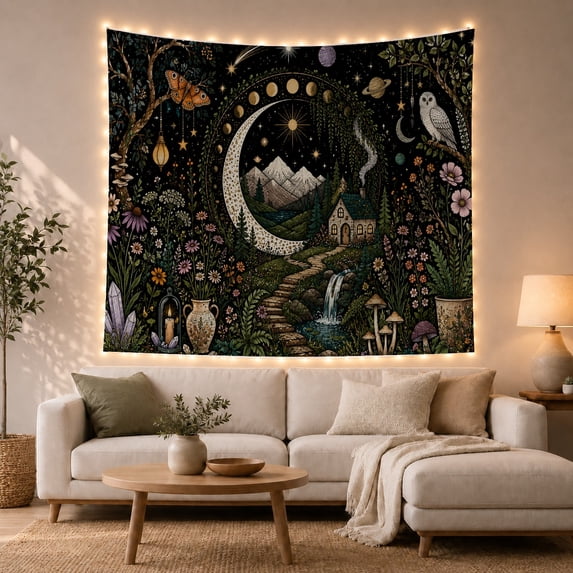 Crescent Moon Framing a Woodland Cottage, Mystical Fantasy for Nature Lovers, Woodland Wall Decor, Housewarming Gift Tapestry Wall Hanging for Bedroom, Living Room and Dorm