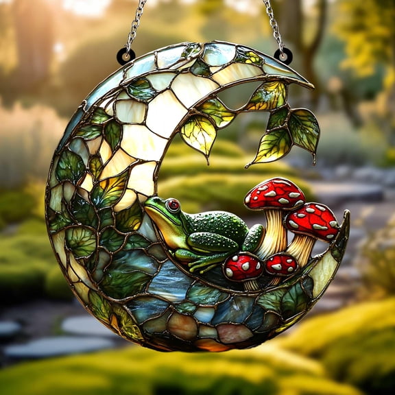 Crescent Moon Frog Acrylic Suncatcher fullxfull Enchanted Forest Window Decor with Mushrooms, Leaves and Cozy Amphibian for Fairycore Autumn Homes
