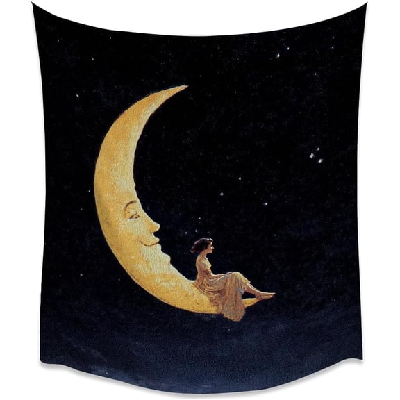 Crescent Moon Girl Tapestry  Starry Night Sky Wall Hanging Dreamy Moon Face Landscape Decor for Bedroom Dorm Living Room 30x40inch