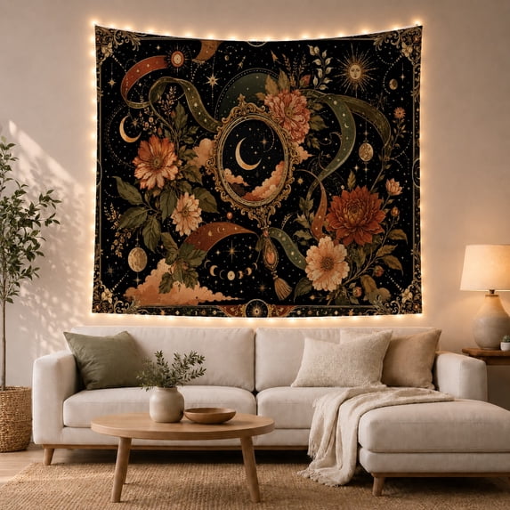 Crescent Moon in Gold Floral Frame, Mystical Boho for Nature Lovers, Botanical Celestial Wall Art, Housewarming Gift Tapestry Wall Hanging for Bedroom and Living Room