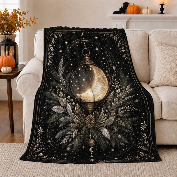 Crescent Moon Golden Lantern, Festive Holiday Scene, Warm Flannel Blanket for Living Room and Family Room with Detailed Artwork, Art Lovers Christmas Gift, Festive Home Decor