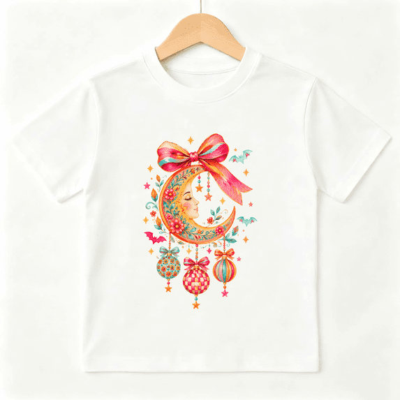 Crescent Moon Halloween Floral Bow Short Sleeve Crewneck Cotton Kids T-Shirt