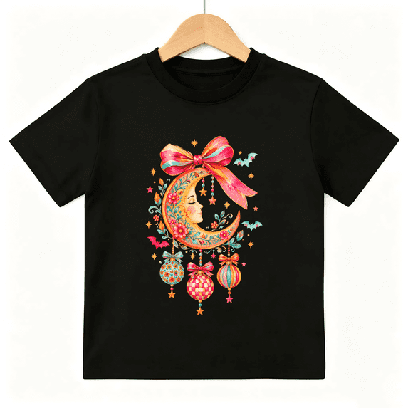Crescent Moon Halloween Floral Bow Short Sleeve Crewneck Cotton Kids T-Shirt