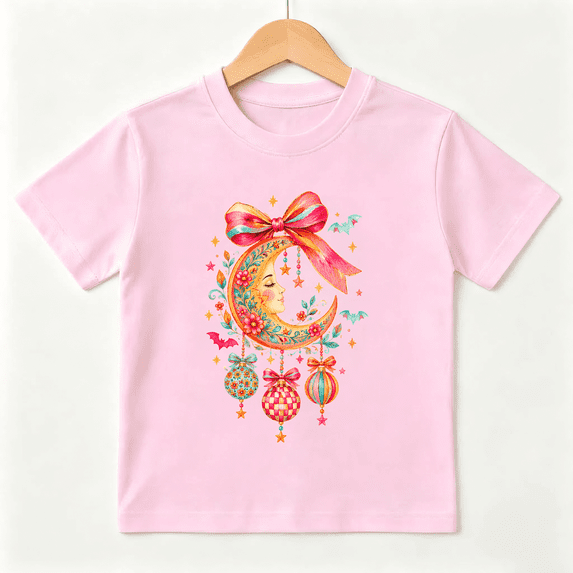 Crescent Moon Halloween Floral Bow Short Sleeve Crewneck Cotton Kids T-Shirt