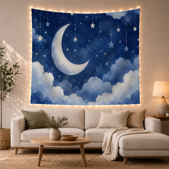 Crescent Moon Hanging Above Soft Clouds, Calming Celestial Style for Celestial Art Lovers, Moon Wall Art, Housewarming Gift, Tapestry Wall Hanging for Bedroom and Dorm