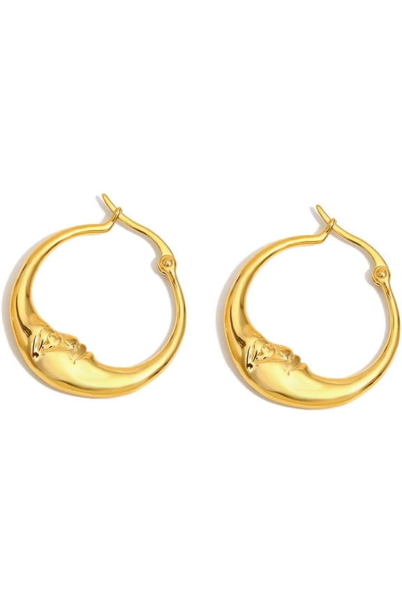 Crescent Moon Hoop Earrings for Women Stainless Steel Abstract Portrait Face Huggie Hoops Dangle Drop Earring Click-Top Fashion Jewelry Birthday