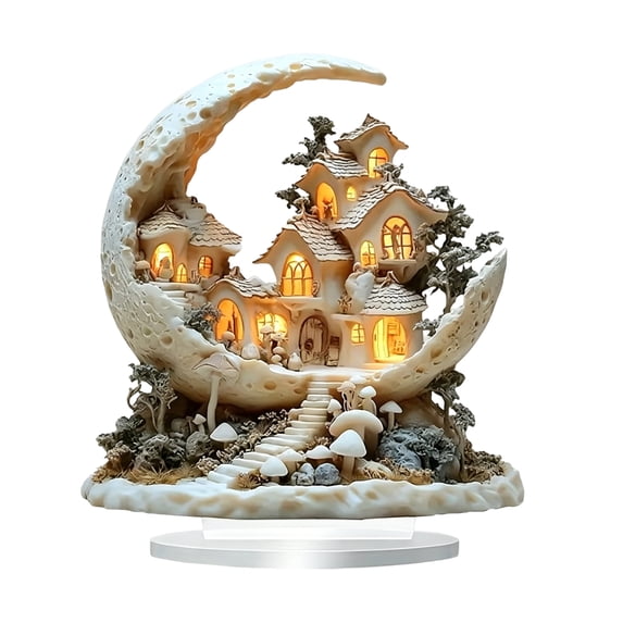 Crescent Moon House Night Light with Enchanted Forest Village, 8 Inch, White Resin, 1 Piece, for Home and Office Desk, Christmas Decoration