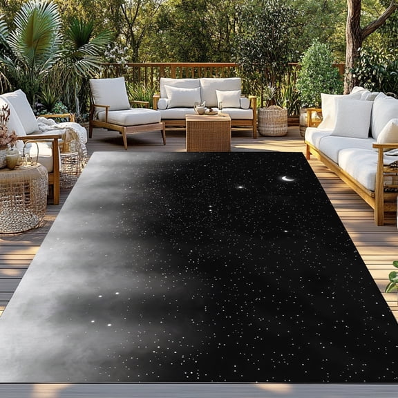 Crescent Moon Indoor Outdoor Rugs 5x8 Ft, Dreamy Black Misty Cloud Gray Gradient Fog Outdoor Patio Rugs Mat Washable Outside Area Rugs Carpet for Porch Deck RV Camping Pool Balcony Backyard