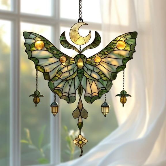 Crescent Moon Moth Suncatcher, Faux Stained Glass Luna Moth Window Decor, Acrylic Witchy Hanging for Boho or Magical Autumn Spaces