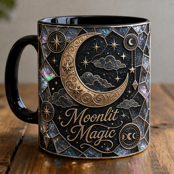 Crescent Moon Mug 3D Effect, Black Mosaic Stars & Clouds Coffee Cup Gift
