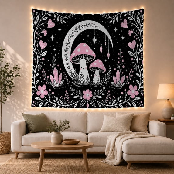 Crescent Moon with Mushrooms in Starry Forest, Whimsical Illustration for Plant Lovers, Fantasy Wall Art, Birthday Gift, Tapestry Wall Hanging for Bedroom and Living Room