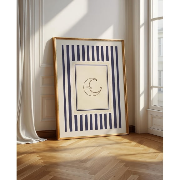 Crescent Moon Navy Stripe Celestial Wall Art, Unframed Paper Print Size 8x12