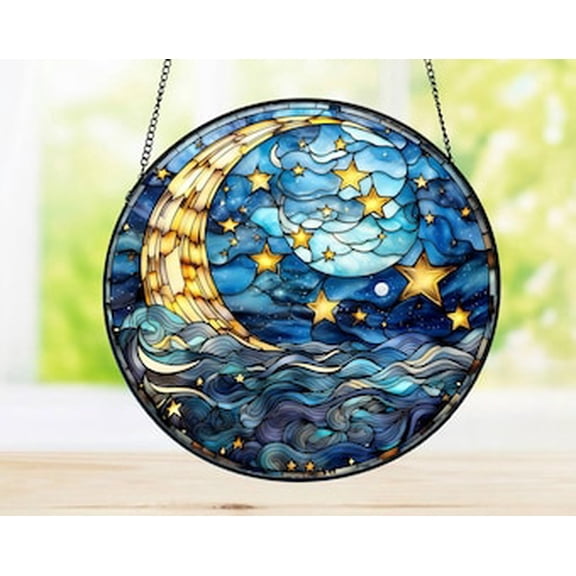 Crescent Moon Night Suncatcher, Moon and Star Glass, Celestial Night Sky Ornament, Starry Sky Window Hanging, Moonlight Gift, 7.9 in
