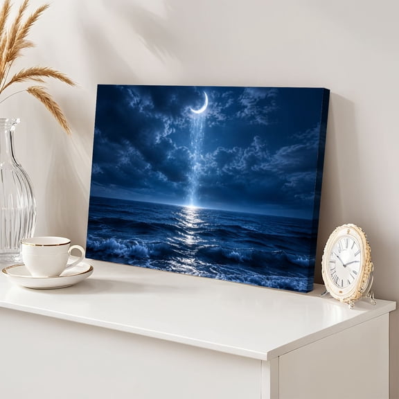 Crescent Moon Ocean 12"x16" Wall Art Waves Mystical Blue Night Sky Moonlight Canvas Wall Decor for Living Room Bedroom Modern Abstract Painting Prints Aesthetic Framed Artwork Home Decor