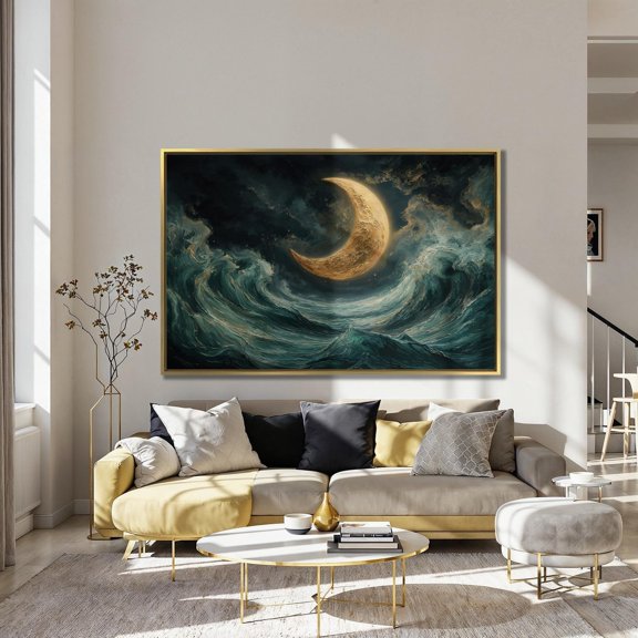 Crescent Moon Ocean Waves Art: Mystical Seascape Poster, Stretched Canvas Size 8x12