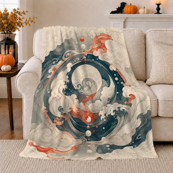 Crescent Moon with Ocean Waves and Clouds, Japanese Ink Style for Art Lovers, Celestial Sea Motif and Birthday Gift, Cozy Flannel Blanket for Living Room and Bedroom, Home Decor