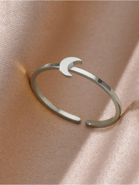 Crescent Moon Open Cuff Ring Silver-2 Adjustable Fashion Band