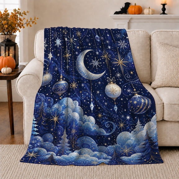 Crescent Moon Ornaments Clouds and Winter Stars, Dreamy Celestial Night Pattern for Stargazers, Birthday Gift, Soft Flannel Blanket for Bedroom, Starry Home Decor