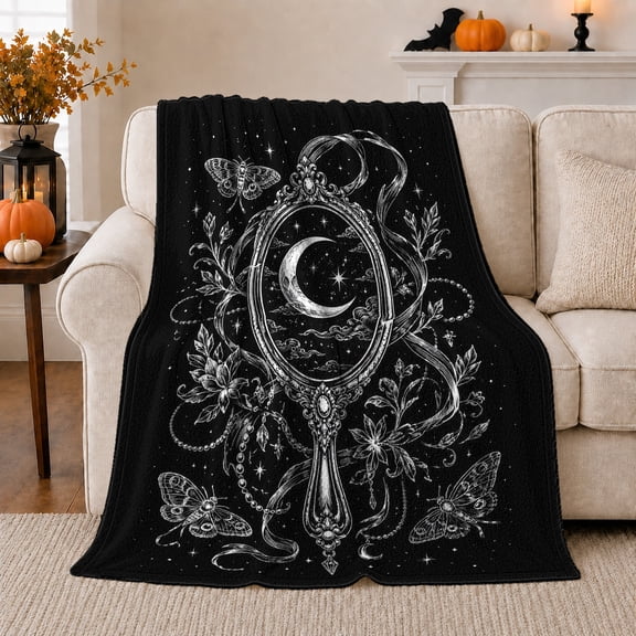 Crescent Moon Ornate Mirror Illustrated Print Soft Flannel Blanket, Reflective Celestial Style for Celestial Art Lovers, Friendship Gift for Bedroom and Study, Home Decor
