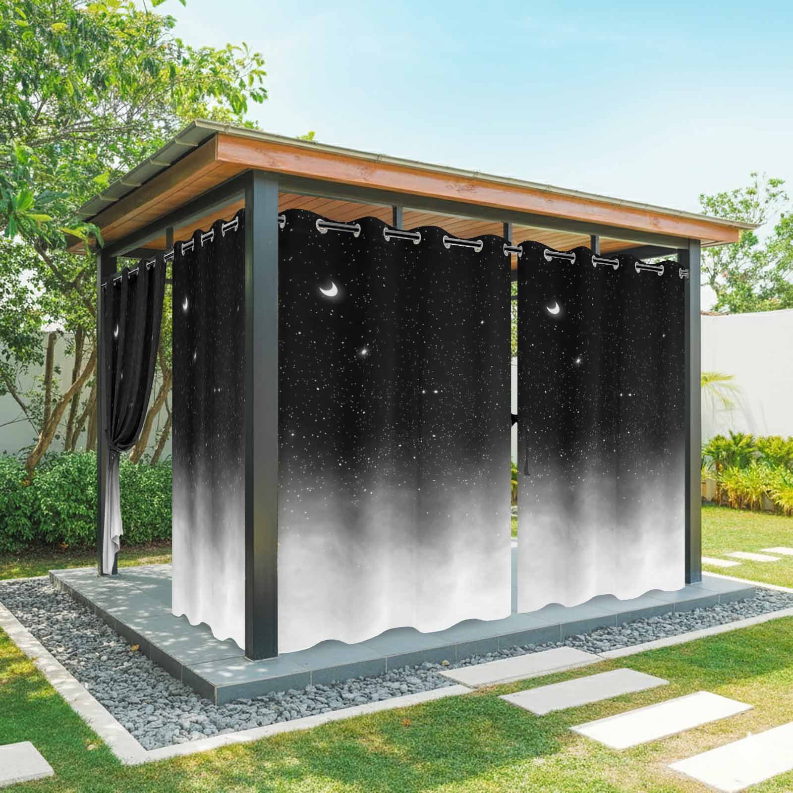 Crescent Moon Outdoor Curtains for Patio, Dreamy Black Misty Cloud Gray Gradient Fog Sunshade Privacy Drapes Grommet Waterproof Outside Curtains for Porch/Cabana/Balcony 54"x 108", 1 Panel