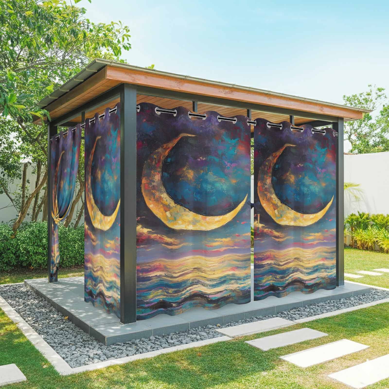 Crescent Moon Outdoor Curtains for Patio, Dreamy Gold Dark Purple Night Ocean Sunshade Privacy Drapes Grommet Waterproof Outside Curtains for Porch/Cabana/Balcony 54"x 108", 1 Panel