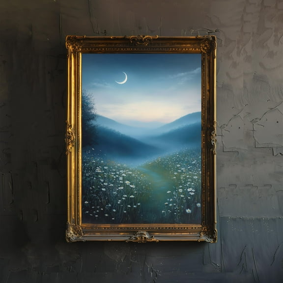 Crescent Moon Over Quiet Meadow Art Print Cottagecore Night Sky Decor Peaceful Landscape Wall Art - Poster Unframed