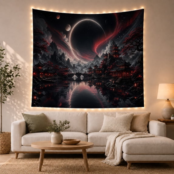 Crescent Moon and Pagodas in a Dark Starry Night, Mystical Fantasy for Space Fans, Celestial Wall Art, Christmas Gift, Tapestry Wall Hanging for Bedroom and Dorm