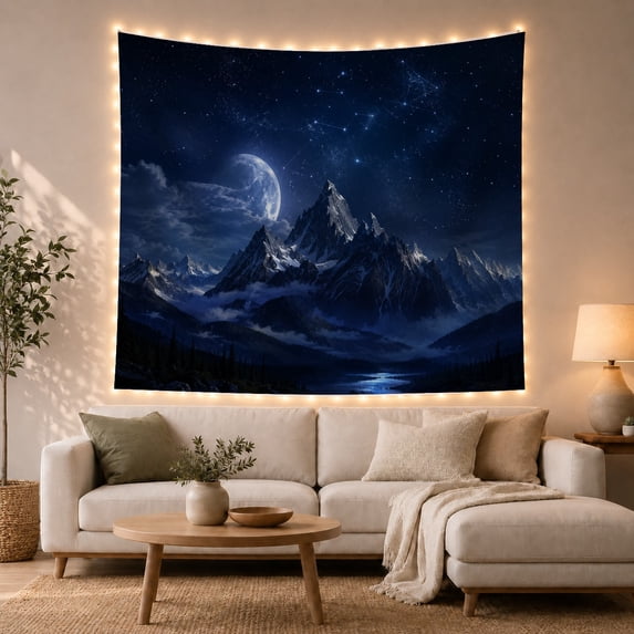 Crescent Moon Over Peaks in Indigo Sky, Mystical Digital Art for Mountain Lovers, Star Map Decor, Housewarming Gift, Tapestry Wall Hanging for Bedroom, Study Room and Dorm