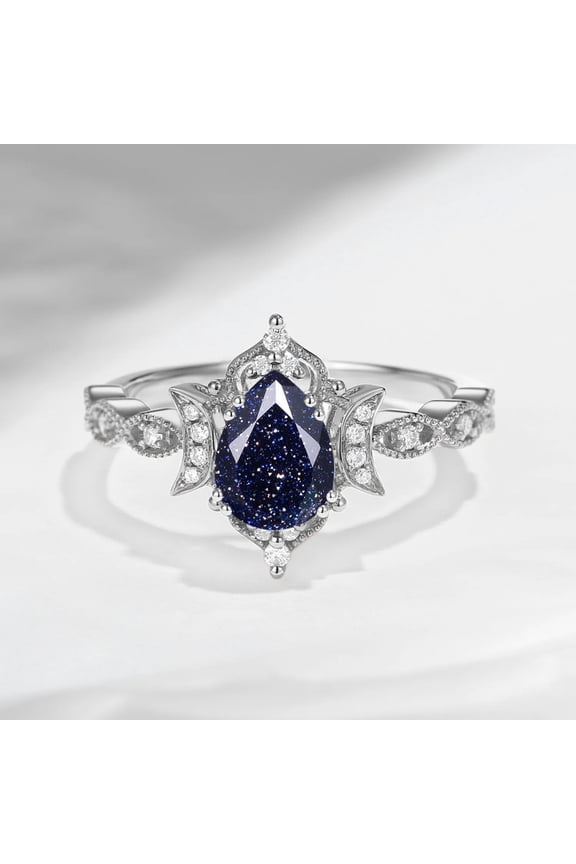 Crescent Moon Pear Cut Blue Sandstone Engagement Ring – 925 Sterling Silver Art Deco Ring – Vintage Statement Ring for Wife – Handcrafted Jewelry