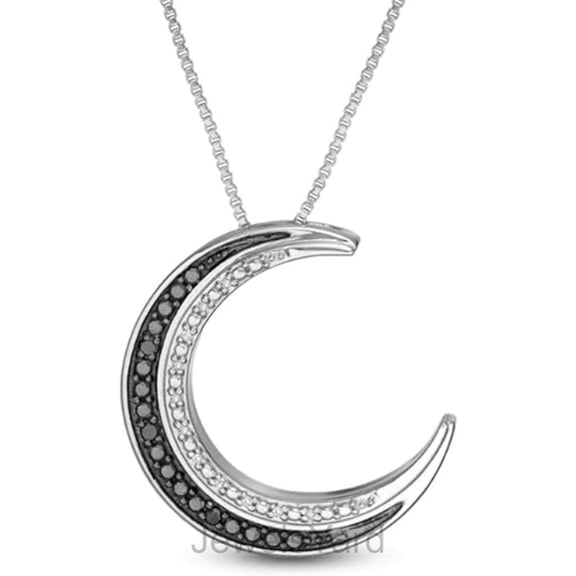 Crescent Moon Pendant Necklace Gift For Women Round Cut White & Black Diamond Real 925 Sterling Silver With 14K White Gold Plated Gold Plated