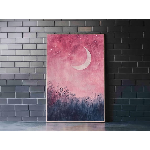 Crescent Moon Pink Cherry Blossom Abstract Wall Art Poster, Poster Only ...