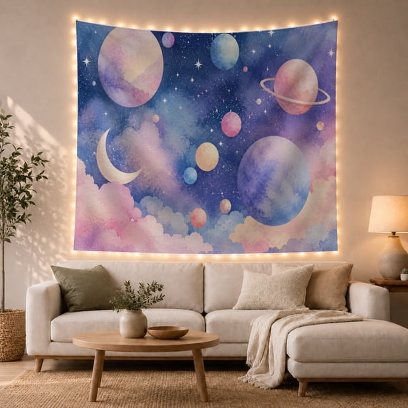 Crescent Moon and Planets in Cosmic Pastel Clouds, Dreamy Watercolor for Astronomy Fans, Celestial Home Decor, Birthday Gift, Tapestry Wall Hanging for Bedroom and Living Room