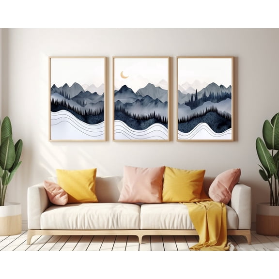 Crescent Moon Poster Minimalist Mountain Line Wall Art Celestial Landscape Decor Abstract Nature Poster Night Sky, Poster Only