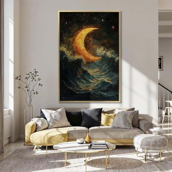 Crescent Moon Print Night Sky Seascape Wall Art Poster Decor For Living Room Bedroom, Stretched Canvas Size 8x12