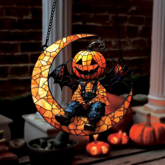 Crescent Moon Pumpkin Head Acrylic Suncatcher  Halloween Window Hanging with Bat Wings and Overalls, Spooky Cute Decor for Fall Gothic Home