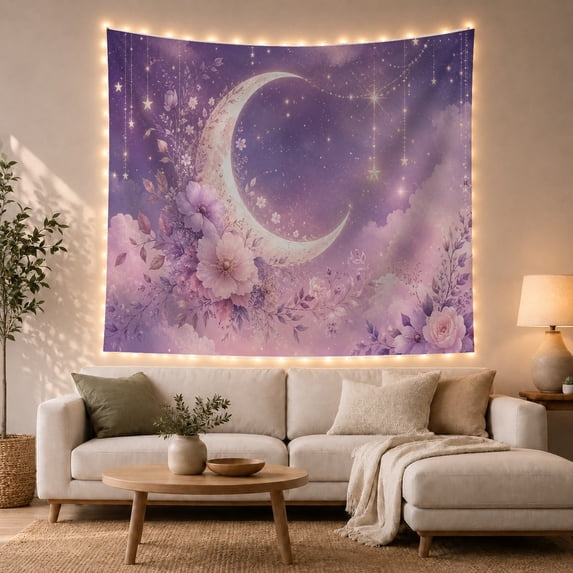 Crescent Moon in Purple Starry Sky with Floral Clouds, Dreamy Celestial for Space Lovers, Art Print Wall Decor, Housewarming Gift, Tapestry Wall Hanging for Bedroom and Living Room