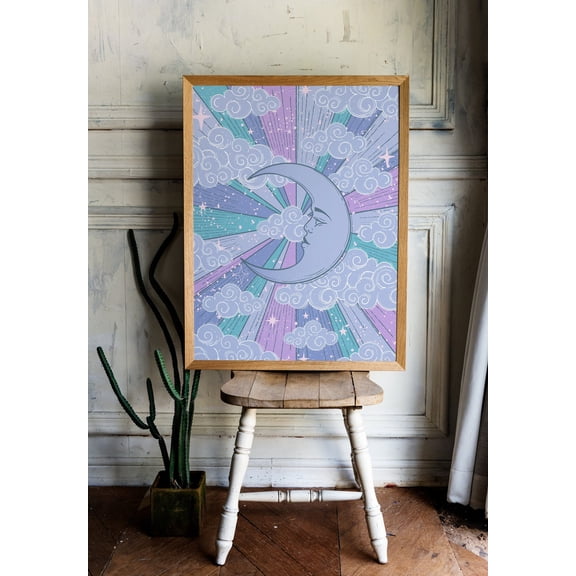 Crescent Moon Retro 70s Celestial Sky Art, Unframed Paper Poster 8x10in